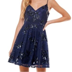 City Studio Sequined Embroidered Fit & Flare Dress | Navy 7 | NWT